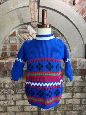 Girls sweater dress geometric intarsia blue red white green vintage 1980s